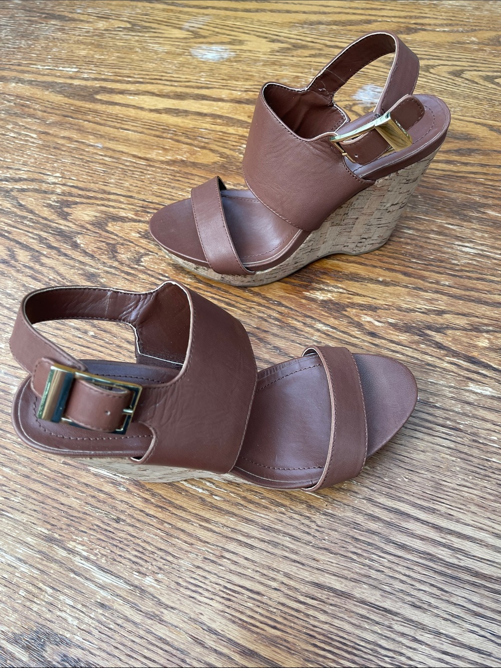 Calvin Klein Brown Leather Cork Wedge Sandals with Gold Buckle